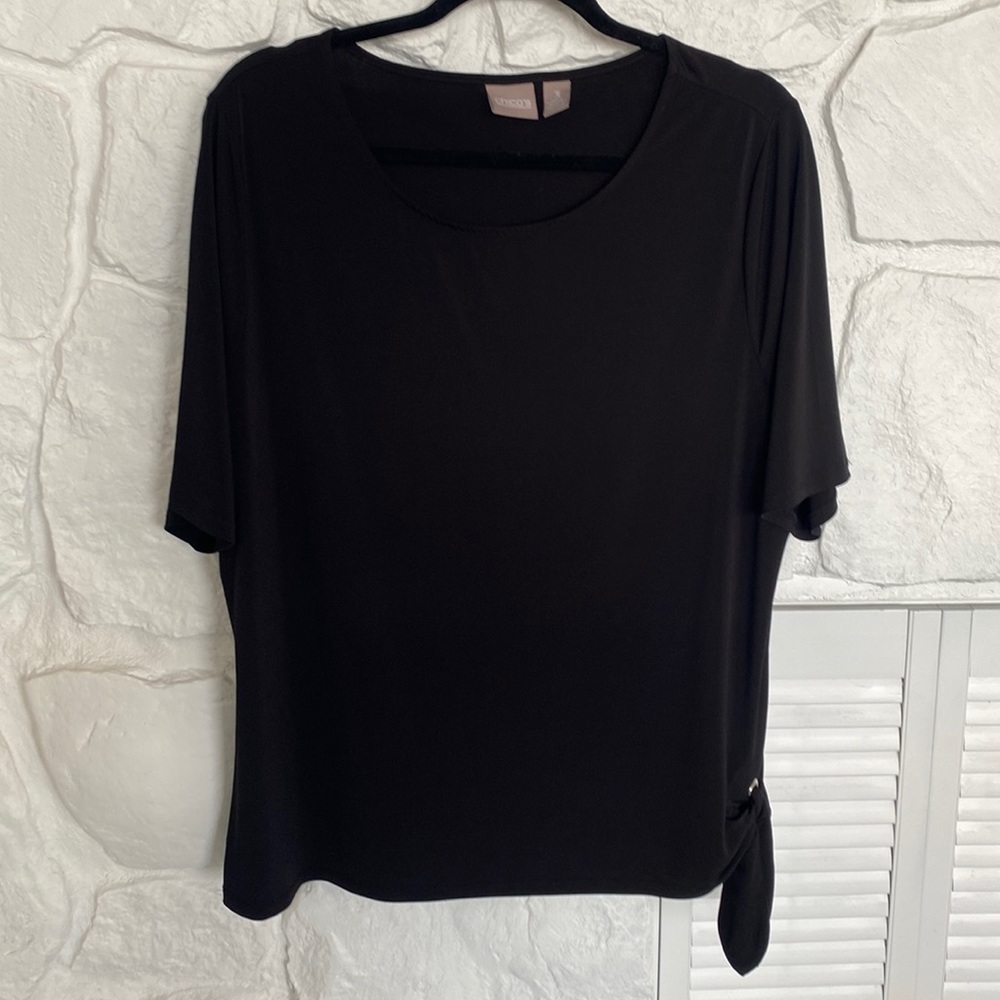 Chico’s Black short sleeve stretchy top with tie on side Chico size 3 or XL - Picture 4 of 13